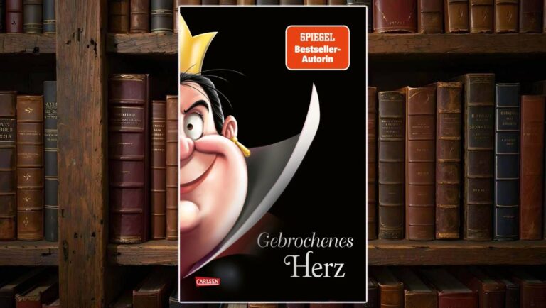 Buchcover von „Disney Villains 12: Gebrochenes Herz“ mit der comichaften Herzkönigin im Close-up, halb ins Bild gerückt, goldene Krone, schiefes Grinsen und gebogene Klinge im Vordergrund, schwarzer Hintergrund mit rotem „SPIEGEL Bestseller-Autorin“ Hinweis und weißem Titelzug „Gebrochenes Herz“, Carlsen-Logo unten.