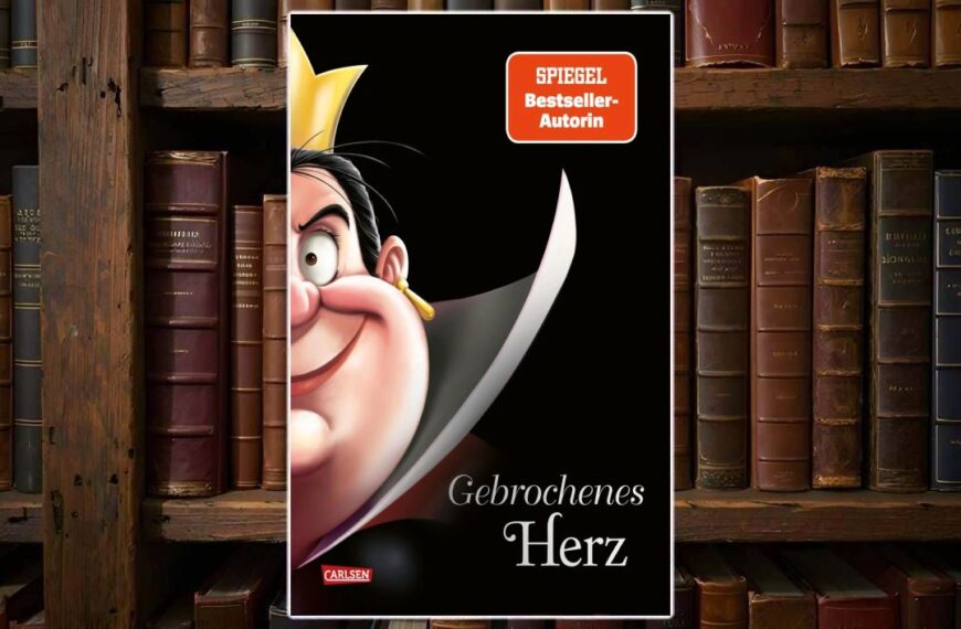 Buchcover von „Disney Villains 12: Gebrochenes Herz“ mit der comichaften Herzkönigin im Close-up, halb ins Bild gerückt, goldene Krone, schiefes Grinsen und gebogene Klinge im Vordergrund, schwarzer Hintergrund mit rotem „SPIEGEL Bestseller-Autorin“ Hinweis und weißem Titelzug „Gebrochenes Herz“, Carlsen-Logo unten.