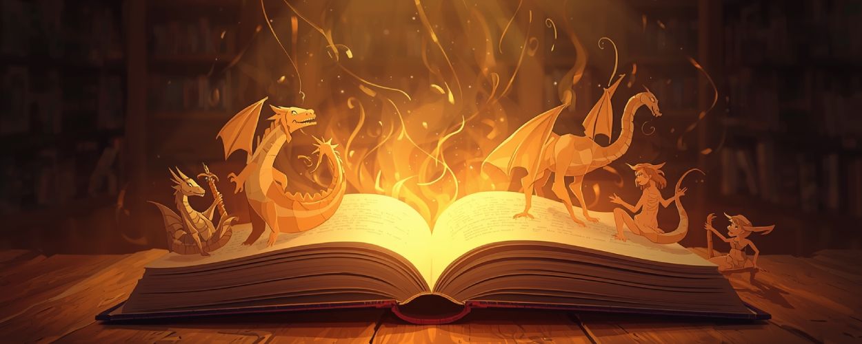 Ein offenes Buch erleuchtet einen Tisch, während kleine Papierdrachen und Fabelwesen aus seinen Seiten aufsteigen – die Magie des Lesens wird greifbar.