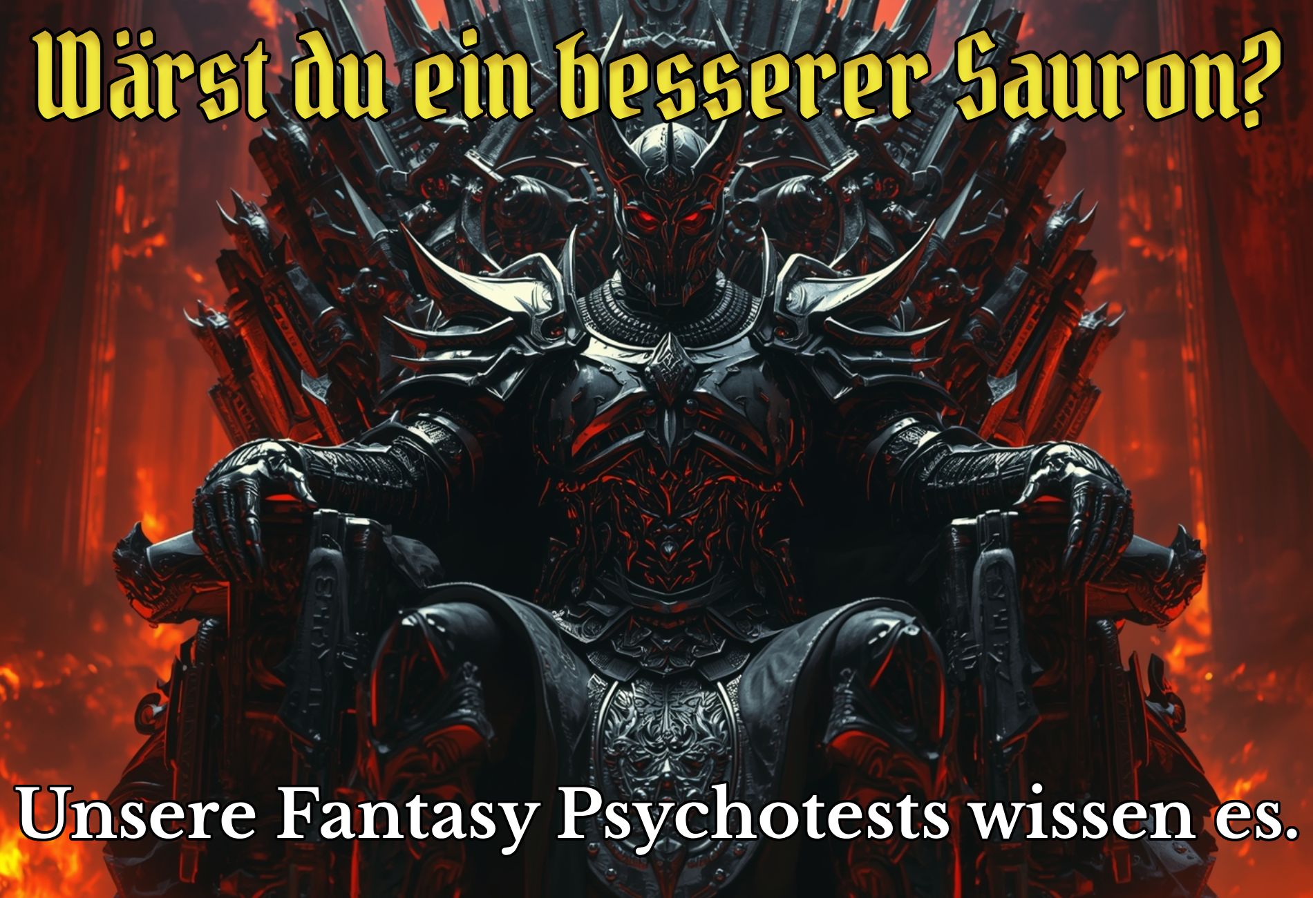 Humorvoller Fantasy-Banner: ein verdutzt dreinschauender Ork starrt direkt nach vorn, darüber steht groß ‚Selbsterkenntnis?‘, darunter der Slogan ‚Unsere Fantasy-Quizzes machen schlau.