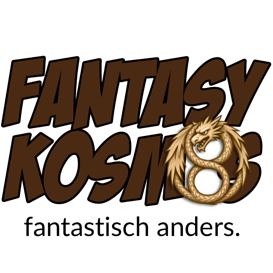 Logo Fantasykosmos mit gewundenem Drachen und Schrift: Fantastisch anders