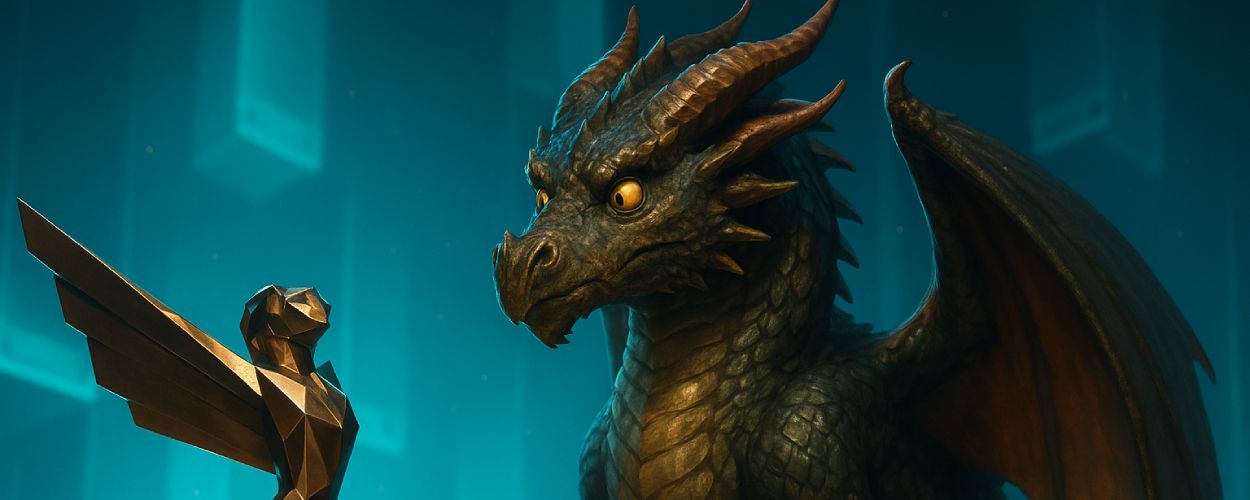 Ein fotorealistischer Drache starrt neugierig auf die glänzende Game-Awards-Statue auf einer digital beleuchteten Bühne – ein humorvoller Blick auf den Kampf zwischen Fantasy und Gaming-Ruhm.