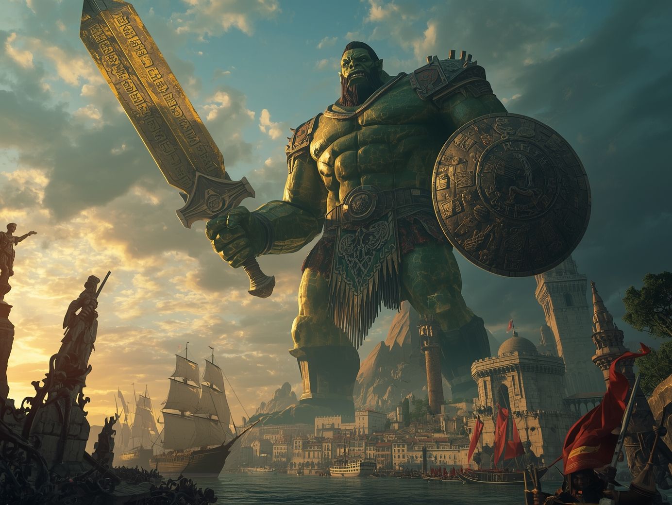 Episches Fantasybild eines gigantischen Ork-Kolosses am Eingang eines alten Hafens: der grüne Riese mit Runenschwert und reliefverziertem Schild ragt über Stadt, Segelschiffe und Türme im Licht einer goldenen Abendsonne.