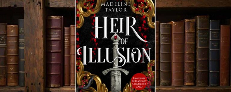 Buchcover von Heir of Illusion: eine silberne Klinge mit rotem Edelstein auf schwarzem Hintergrund, umrankt von goldenen Ornamenten und roten Blättern. Im unteren Bereich schwarze Schlangen und ein rotes Siegel „Limitierte Auflage mit Character Card“. Opulentes, düster-romantisches Design mit starkem TikTok-Romantasy-Look.