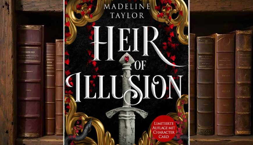 Buchcover von Heir of Illusion: eine silberne Klinge mit rotem Edelstein auf schwarzem Hintergrund, umrankt von goldenen Ornamenten und roten Blättern. Im unteren Bereich schwarze Schlangen und ein rotes Siegel „Limitierte Auflage mit Character Card“. Opulentes, düster-romantisches Design mit starkem TikTok-Romantasy-Look.