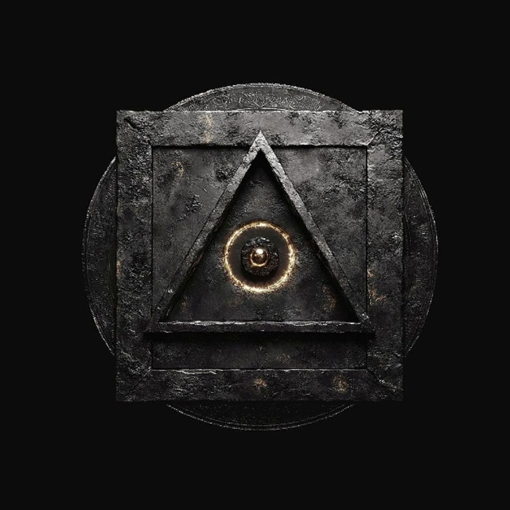 Merciful Nuns Finistère Albumcover mit schwarzem metallischen Relief aus Kreis Quadrat und Dreieck, leuchtende Kugel im Zentrum auf tiefschwarzem Hintergrund