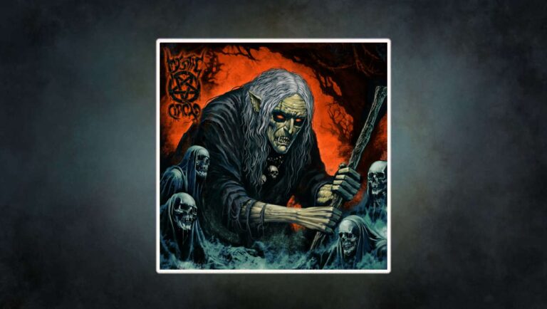 Albumcover Mystic Circle – Hexenbrand 1486: grünhäutige Hexe mit Totenschädeln und brennend rotem Hintergrund, hält einen Stab über geisterhafte Gestalten – finsteres, okkultes Artwork im klassischen Black-Metal-Stil.