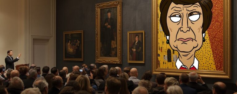 Überfüllter Auktionssaal mit Auktionator links und einem riesigen Klimt Parodie Bild rechts, das eine lächerliche Comicfigur mit großer Nase und leerem Blick vor goldenem Ornamenthintergrund zeigt.