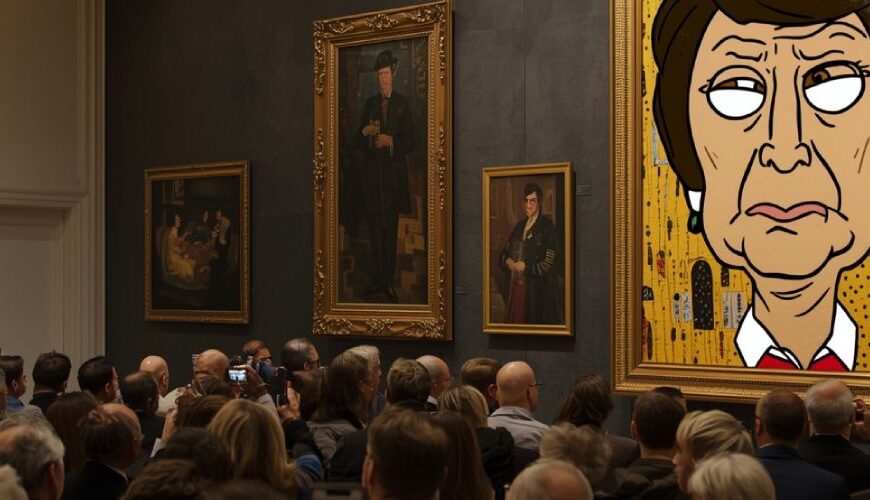 Überfüllter Auktionssaal mit Auktionator links und einem riesigen Klimt Parodie Bild rechts, das eine lächerliche Comicfigur mit großer Nase und leerem Blick vor goldenem Ornamenthintergrund zeigt.