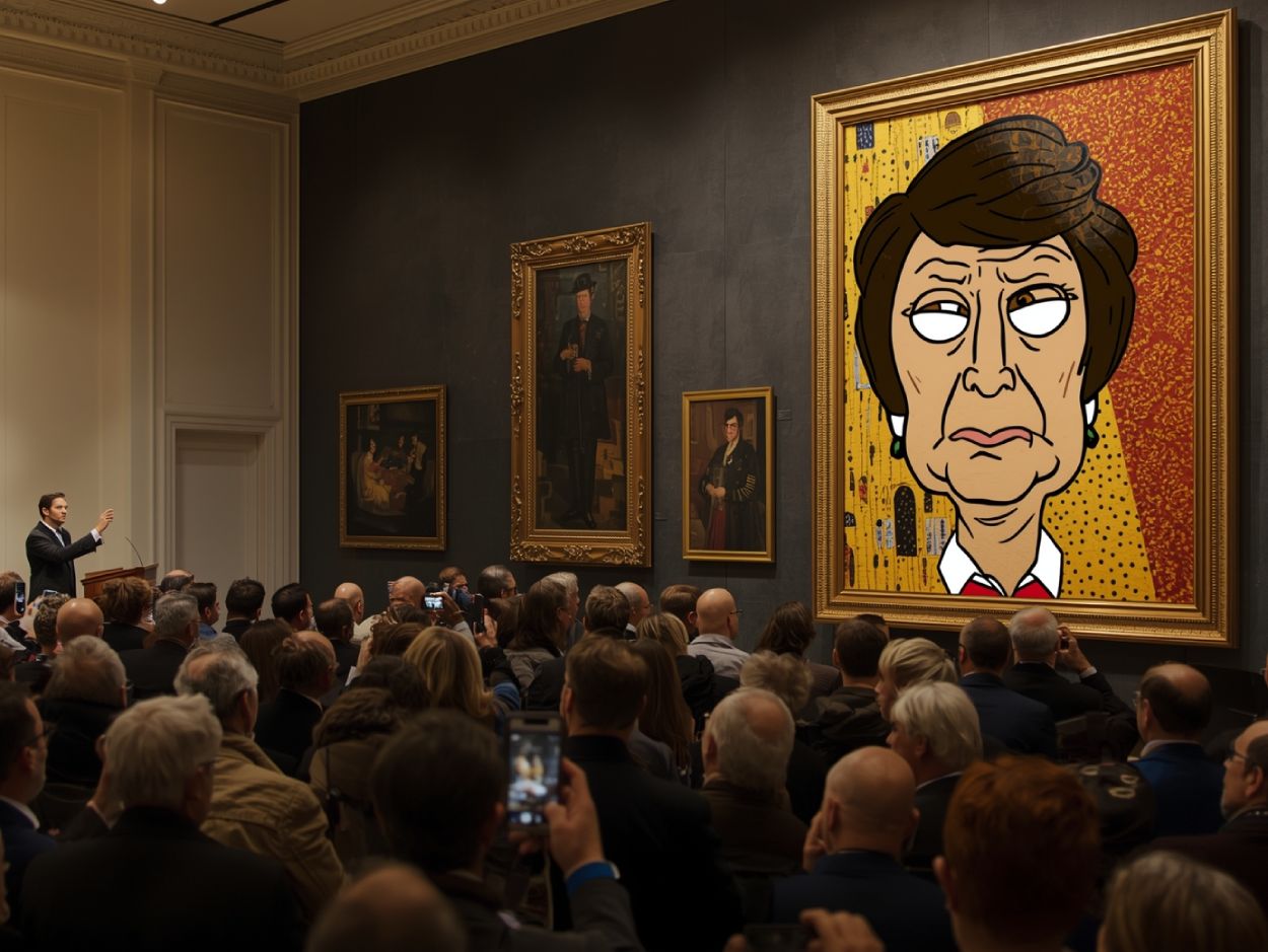 Überfüllter Auktionssaal mit Auktionator links und einem riesigen Klimt Parodie Bild rechts, das eine lächerliche Comicfigur mit großer Nase und leerem Blick vor goldenem Ornamenthintergrund zeigt.