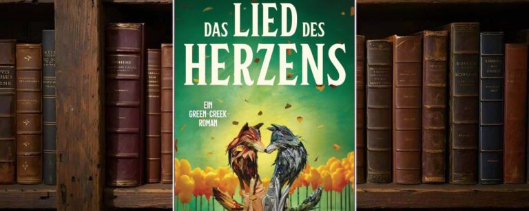Buchcover von Das Lied des Herzens: zwei stilisierte Wölfe, einer rotgolden, einer blau, stehen sich in einem Feld aus orangefarbenen Blüten gegenüber. Herbstblätter tanzen durch die Luft, darüber der Titel in weißen Lettern. Sanftes, symbolisches Cover über Liebe, Erinnerung und Rudelverbundenheit.