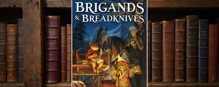 Cover von Brigands & Breadknives: eine Rattkin mit rotem Umhang sitzt vor Büchern neben einem Pferd, dahinter eine Elfenkriegerin im Wald; im Vordergrund ein grinsender Goblin mit Kochtopf, alles im warmen Licht eines Lagerfeuers.