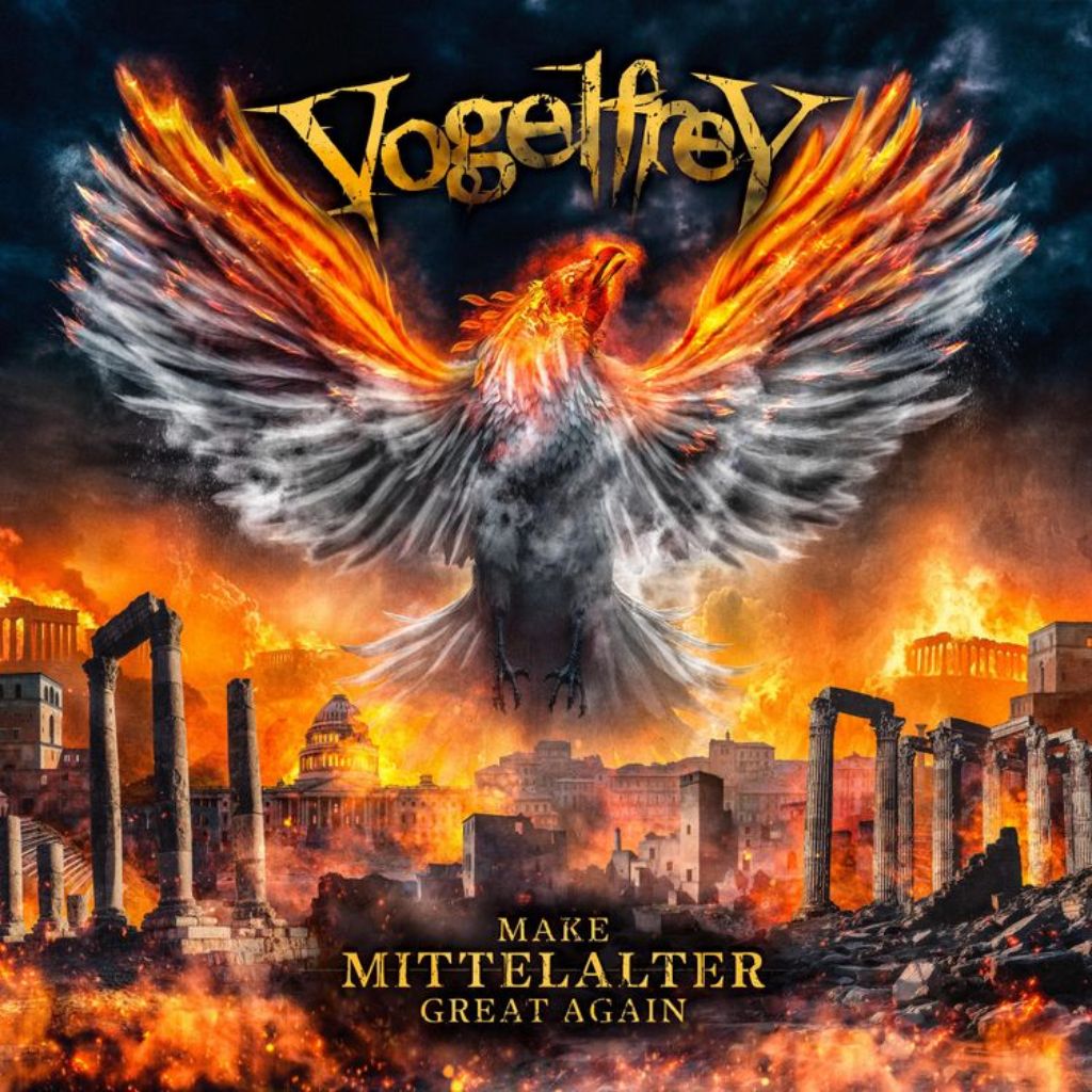 Albumcover Vogelfrey – Make Mittelalter Great Again: ein brennender Phönix erhebt sich über den Ruinen einer antiken Stadt, im Hintergrund Flammen und Rauch – Symbol für Erneuerung und Umbruch im Mittelalter-Rock-Gewand.
