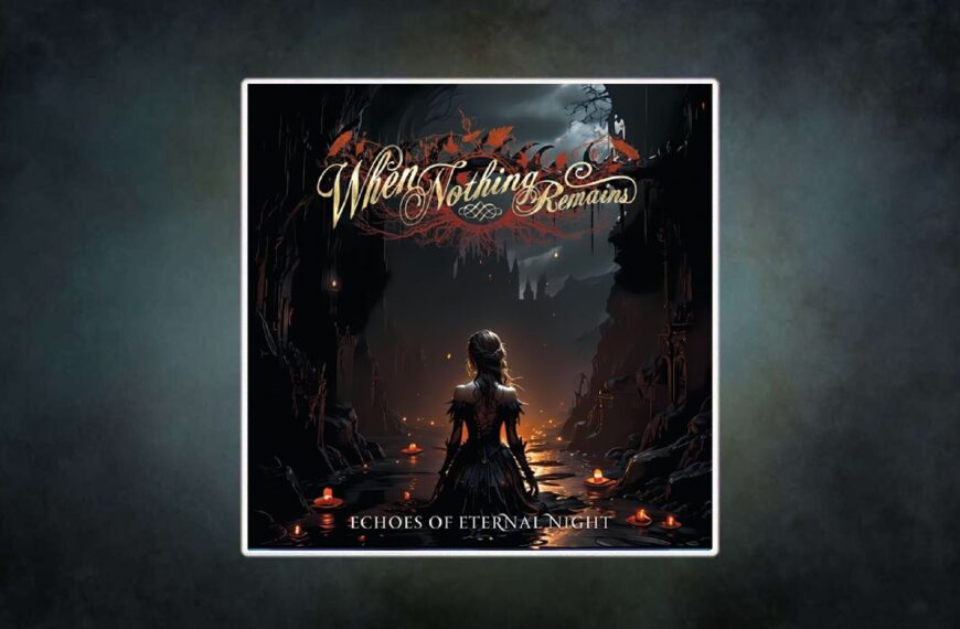 Cover des Albums Echoes Of Eternal Night von When Nothing Remains. Im Vordergrund kniet eine junge Frau im schwarzen Gothic Kleid mit dem Rücken zum Betrachter in einem düsteren Wasserlauf. Um sie herum treiben rote Kerzen auf der Wasseroberfläche, im Hintergrund ragen zerklüftete Felsen und eine dunkle Burgsilhouette in den wolkenverhangenen Nachthimmel. Stimmungsvoll melancholische Doom Optik.