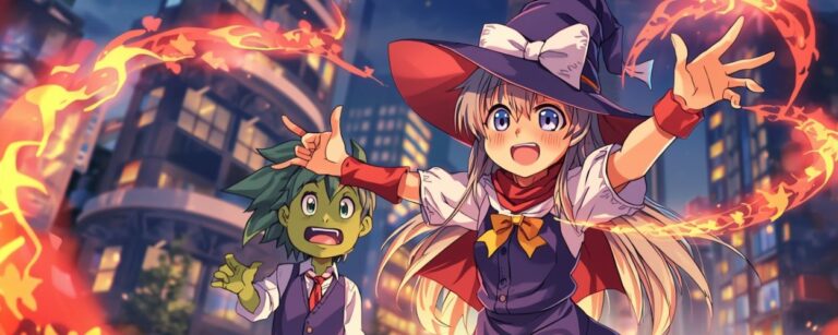 Eine junge Hexe zaubert funkelnde Feuerkreise, während ein überraschter Ogerjunge neben ihr steht – Szene aus dem Fantasy-Manga Witch Watch.