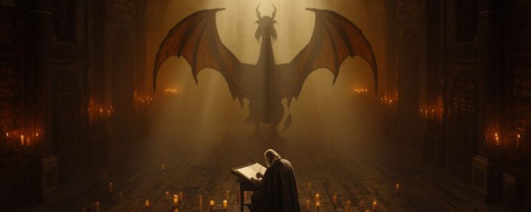 Ein alter Schreiber sitzt in einer Kathedrale aus Licht und Schatten, während hinter ihm der Schatten eines riesigen Drachens aufragt – Sinnbild für George R. R. Martin als musealen Drachen hinter A Knight of the Seven Kingdoms.