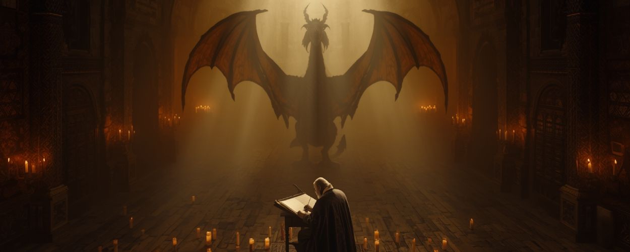 Ein alter Schreiber sitzt in einer Kathedrale aus Licht und Schatten, während hinter ihm der Schatten eines riesigen Drachens aufragt – Sinnbild für George R. R. Martin als musealen Drachen hinter A Knight of the Seven Kingdoms.