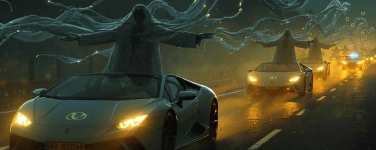 Phantomhafte Luxuswagen rasen durch nächtlichen Nebel auf der A27, während geisterhafte Bräutigame aus Goldringen und Rauch über ihnen schweben – Sinnbild des verfluchten Hochzeitskorsos von Mahndorf.