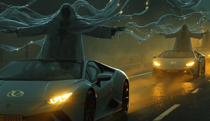 Phantomhafte Luxuswagen rasen durch nächtlichen Nebel auf der A27, während geisterhafte Bräutigame aus Goldringen und Rauch über ihnen schweben – Sinnbild des verfluchten Hochzeitskorsos von Mahndorf.