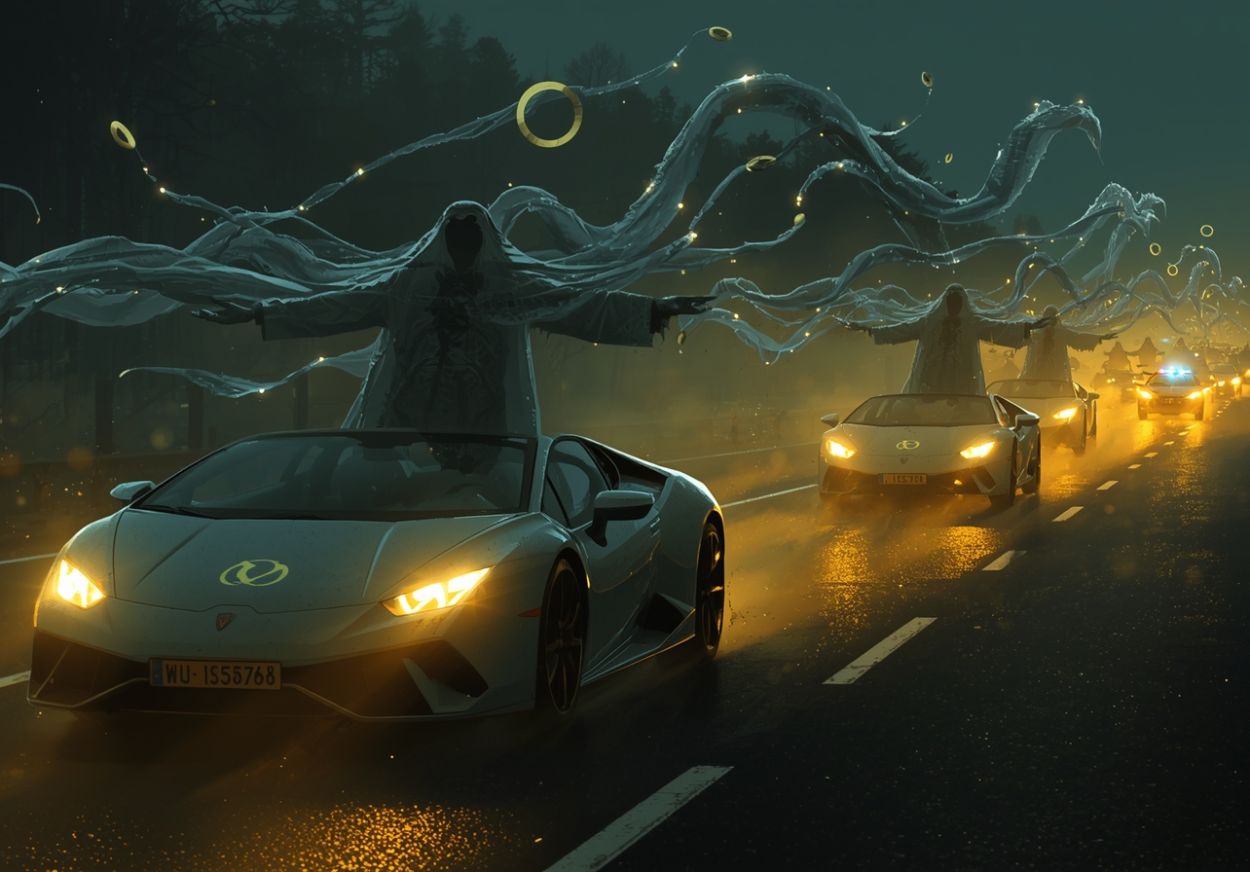 Phantomhafte Luxuswagen rasen durch nächtlichen Nebel auf der A27, während geisterhafte Bräutigame aus Goldringen und Rauch über ihnen schweben – Sinnbild des verfluchten Hochzeitskorsos von Mahndorf.