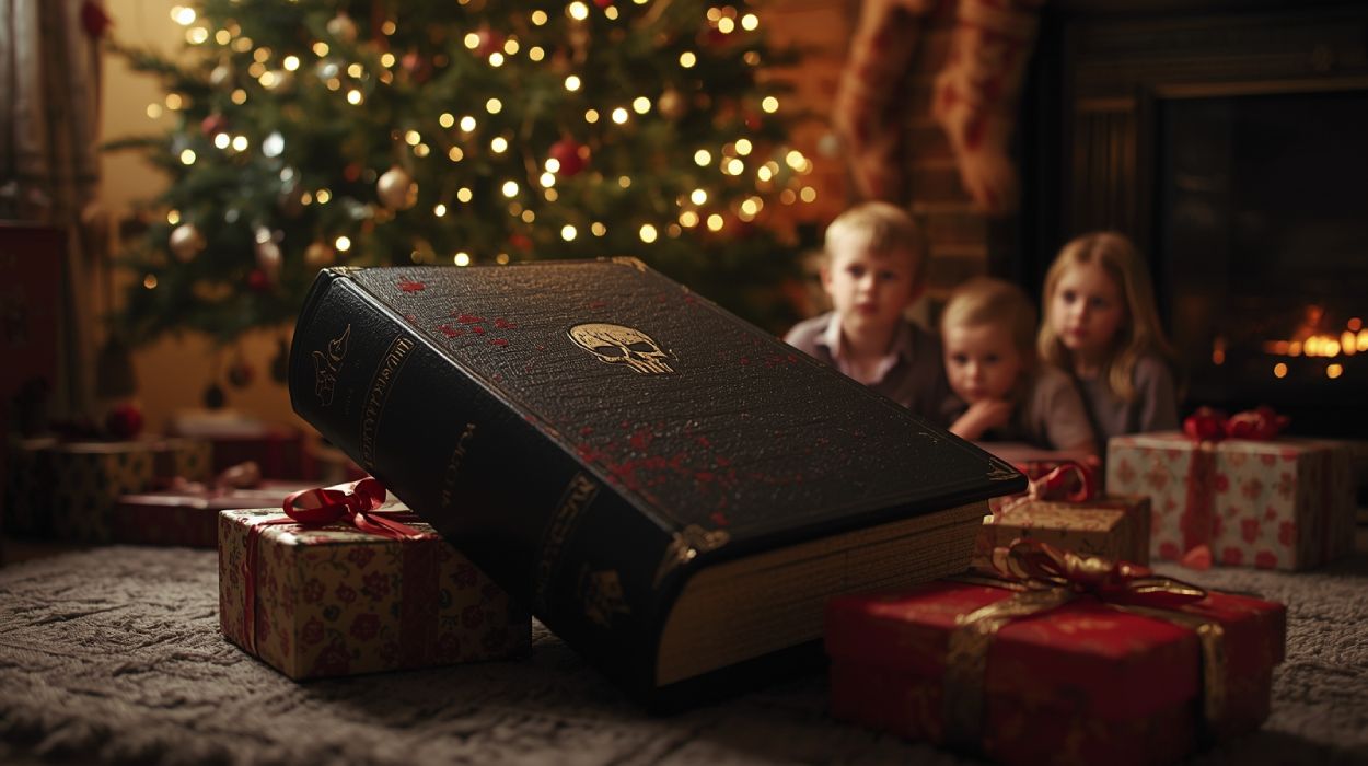 Vor einem festlich geschmückten Weihnachtsbaum liegt ein riesiger schwarzer Buchblock mit Totenkopf-Emblem und blutroten Spritzern auf den Geschenken, im Hintergrund schauen drei Kinder verunsichert auf das Buch.