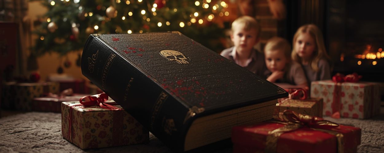 Vor einem festlich geschmückten Weihnachtsbaum liegt ein riesiger schwarzer Buchblock mit Totenkopf-Emblem und blutroten Spritzern auf den Geschenken, im Hintergrund schauen drei Kinder verunsichert auf das Buch.