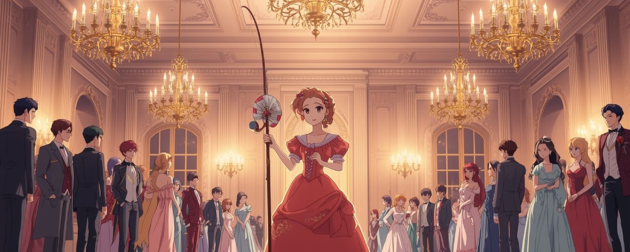 Eine junge Adlige in rotem Kleid steht im Ballsaal mit einer Angelrute in der Hand – Sinnbild für den romantisch-humorvollen Ton der Anime-Adaption Always a Catch!.