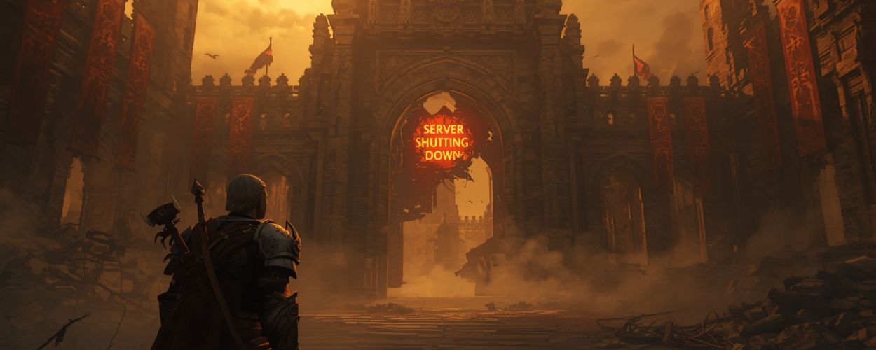 Ein Krieger blickt auf das brennende Tor einer zerfallenen Stadt, über dem in rotem Licht „Server Shutting Down“ glüht – als hätte jemand den Untergang der Fantasy beschlossen.