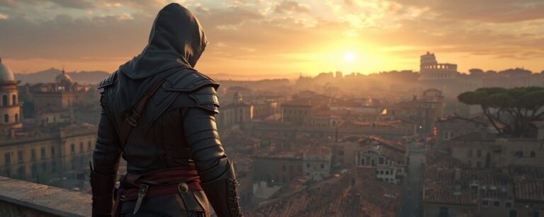 Ein vermummter Assassine in dunkler Lederrüstung steht auf einer Dachkante und blickt bei Sonnenuntergang über eine antike Stadt, im Hintergrund ein Kolosseum und mehrere Kuppeln.