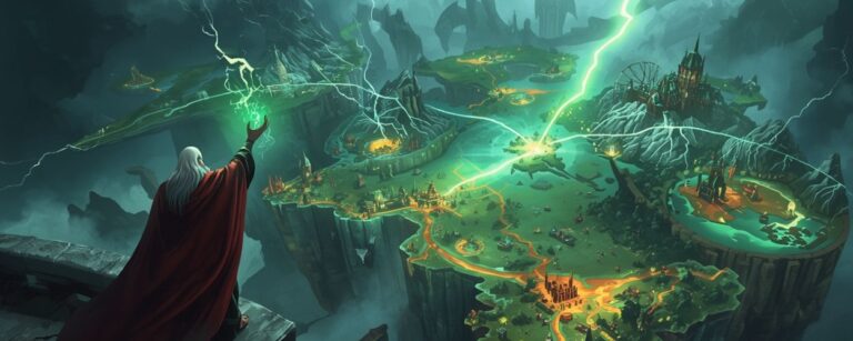 Ein weißhaariger Elder im roten Umhang steht auf einer Klippe und schleudert grüne Blitze auf eine schwebende Fantasy-Weltkarte aus Inselkontinenten, Städten und Straßen, die in der Luft über einem Abgrund hängt.