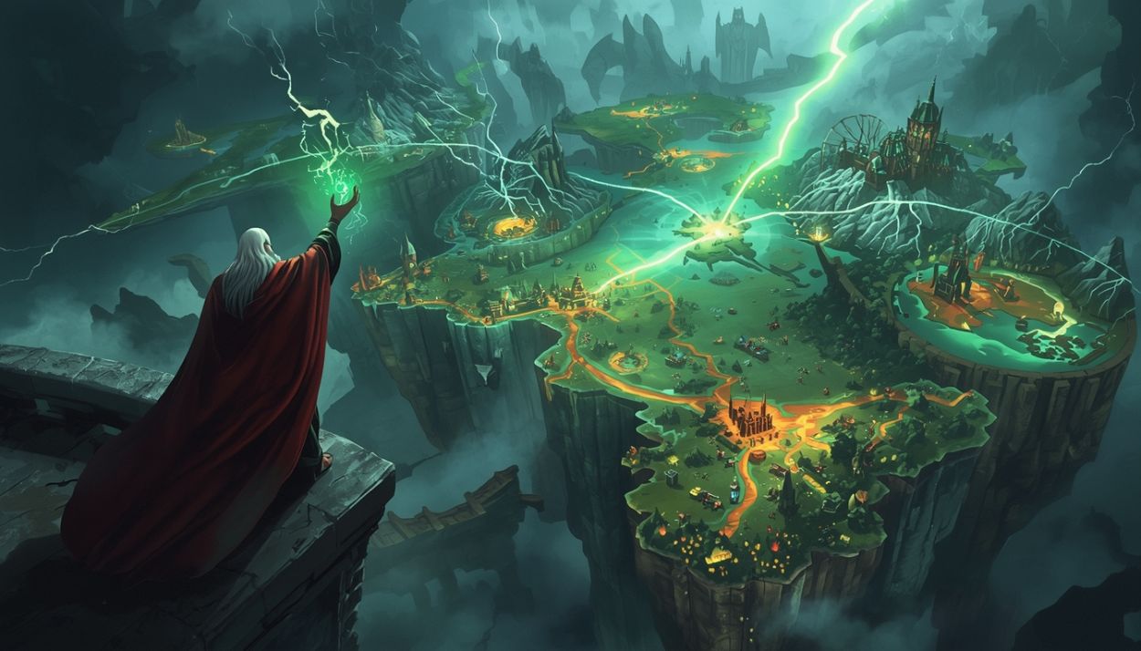 Ein weißhaariger Elder im roten Umhang steht auf einer Klippe und schleudert grüne Blitze auf eine schwebende Fantasy-Weltkarte aus Inselkontinenten, Städten und Straßen, die in der Luft über einem Abgrund hängt.