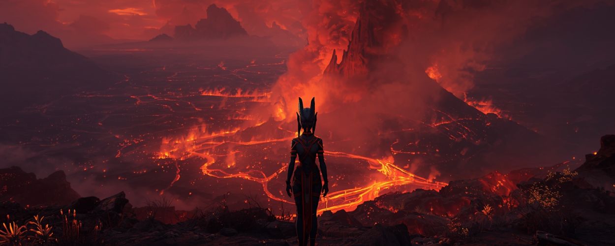 Neytiri blickt über ein von Lava durchzogenes Pandora. Im Hintergrund glühen Vulkane – Sinnbild für Camerons monumentales Fantasy-Abenteuer Avatar: Fire and Ash.