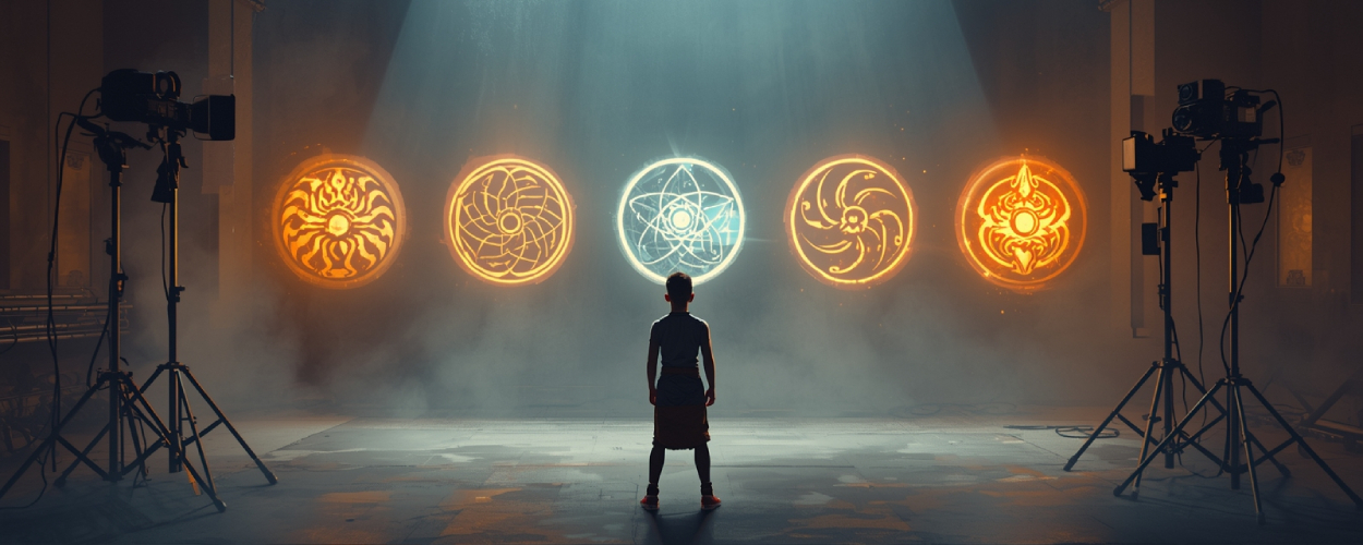 Ein junger Avatar steht in einem Filmstudio vor den Symbolen der vier Elemente – Sinnbild für das zu früh abgedrehte Finale der Netflix-Serie.