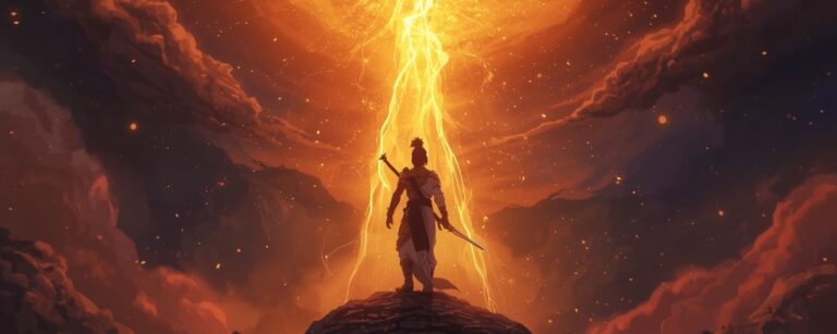 Ein animierter Kriegerprinzip steigt in den Himmel auf, während goldene Blitze und mythische Wesen um ihn kreisen – Sinnbild für das göttliche Fantasy-Epos Baahubali: The Eternal War.