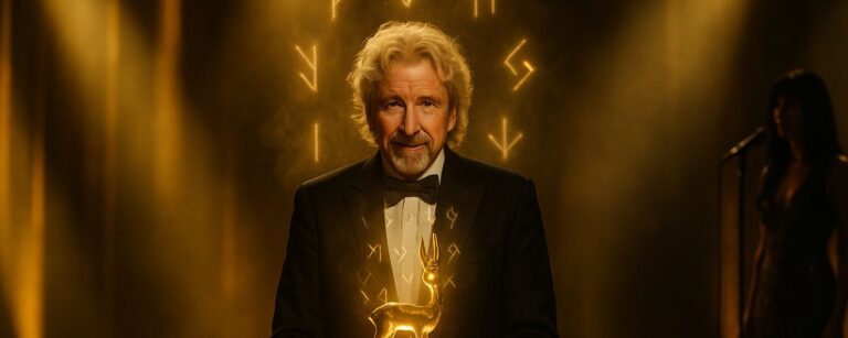 Thomas Gottschalk im Smoking hält auf einer goldglänzenden Bühne eine leuchtende Hirschstatue, umgeben von schwebenden Runenzeichen. Im Hintergrund die Sängerin Cher im Schatten.