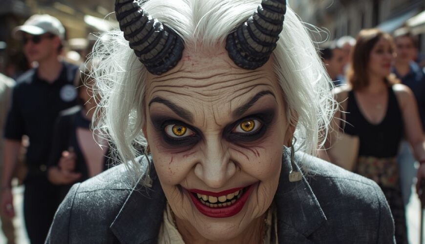 Dämonische alte Frau mit Hörnern und überschminktem Gesicht läuft durch eine belebte italienische Straße, im Hintergrund starrt die Menge sie entsetzt an.