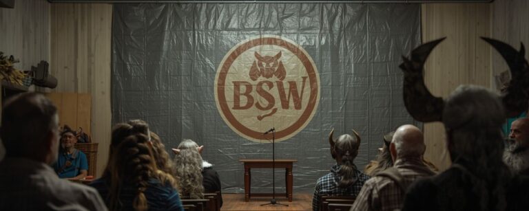 Satirisch-surreales Motiv zum Moosverhetzer-Artikel „Das Bündnis der Verlorenen Namen“. Zeigt einen fiktiven BSW-Parteitag mit dämonischem Publikum in einer Dorfgemeindehalle – Sinnbild für die okkulte Selbstumbenennung der Partei.