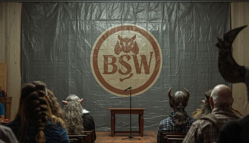 Satirisch-surreales Motiv zum Moosverhetzer-Artikel „Das Bündnis der Verlorenen Namen“. Zeigt einen fiktiven BSW-Parteitag mit dämonischem Publikum in einer Dorfgemeindehalle – Sinnbild für die okkulte Selbstumbenennung der Partei.