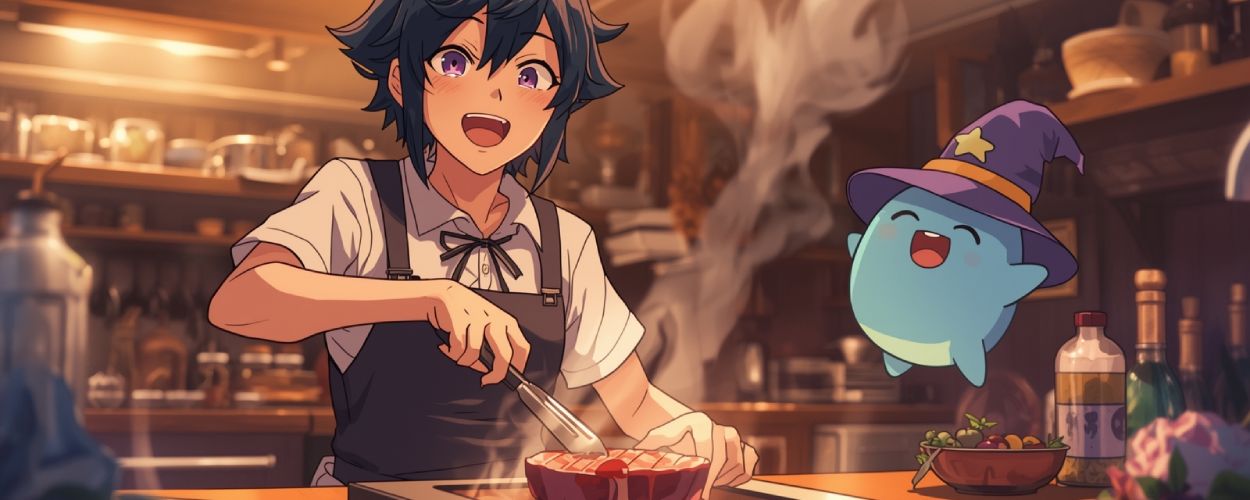 Mukoda brät ein Steak in einer warmen Fantasyküche, während ein fröhlicher Schleim mit Zauberhut zusieht – Szene aus dem Anime Campfire Cooking in Another World with My Absurd Skill.