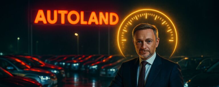Christian Lindner im Anzug steht nachts auf einem Gebrauchtwagenhof unter einem bunten Neon-AUTOLAND-Schild und legt die Hand auf die Motorhaube eines glänzenden Autos. Das Licht spiegelt sich auf dem Asphalt.