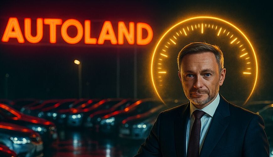 Christian Lindner im Anzug steht nachts auf einem Gebrauchtwagenhof unter einem bunten Neon-AUTOLAND-Schild und legt die Hand auf die Motorhaube eines glänzenden Autos. Das Licht spiegelt sich auf dem Asphalt.