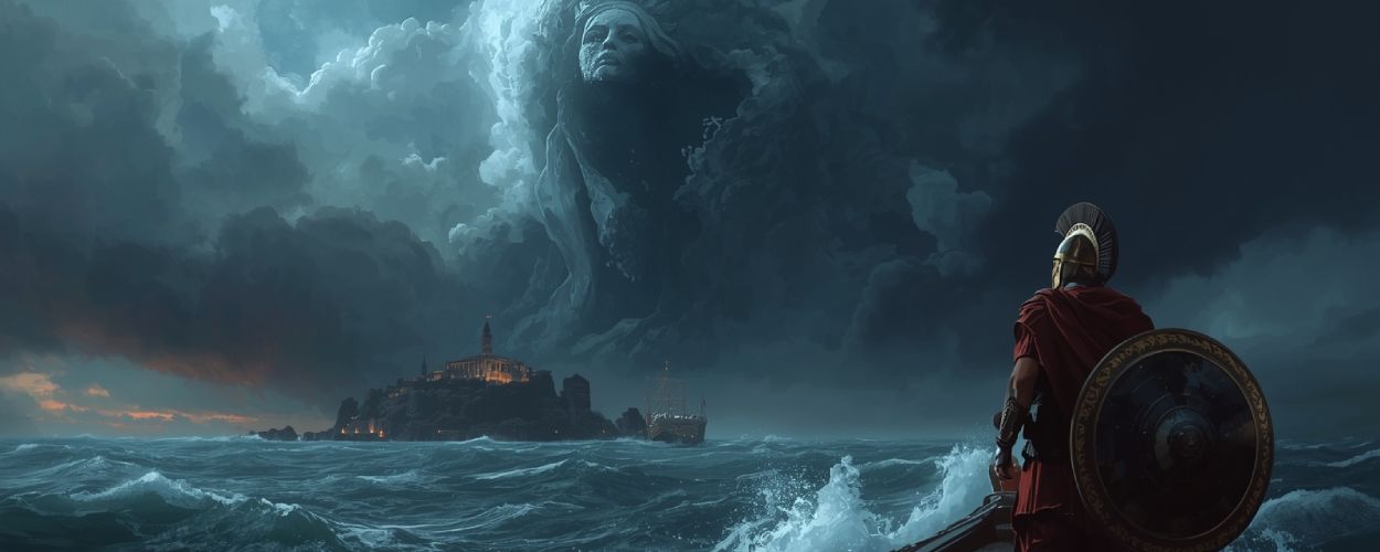 Antiker Krieger steht auf dem Bug eines Schiffes im stürmischen Meer, vor einer hell erleuchteten Inselburg, während sich im düsteren Wolkenhimmel das Gesicht einer riesigen Göttin abzeichnet.