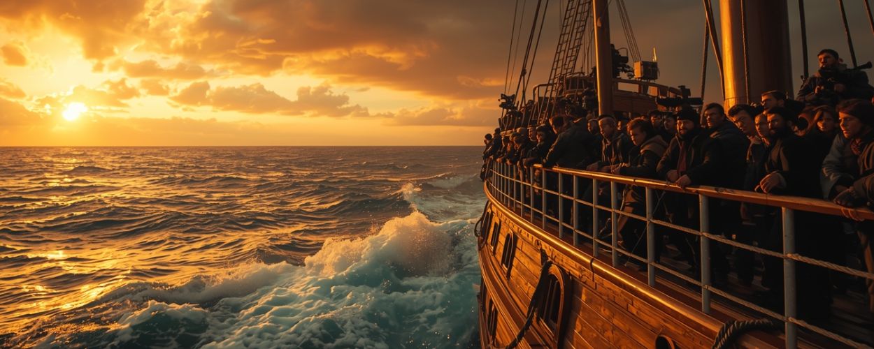 Eine Filmcrew steht bei Sonnenuntergang auf einem Holzschiff auf offener See – Szene aus den Dreharbeiten zu Christopher Nolans The Odyssey.