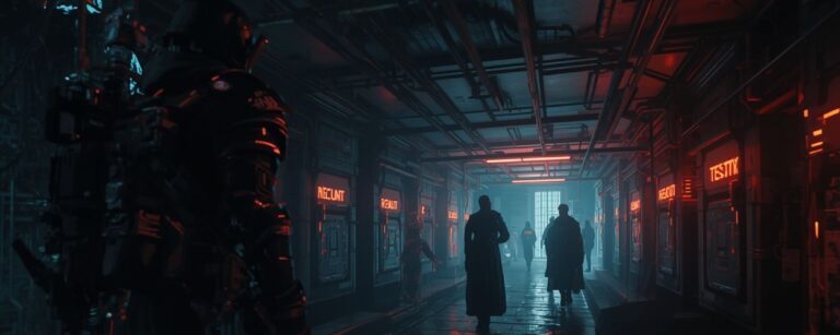 Bewaffnete Gestalten durchqueren einen dunklen, neonbeleuchteten Korridor voller Terminals – Sinnbild für das Cyberdark RPG zwischen Dungeon und Datenhölle.