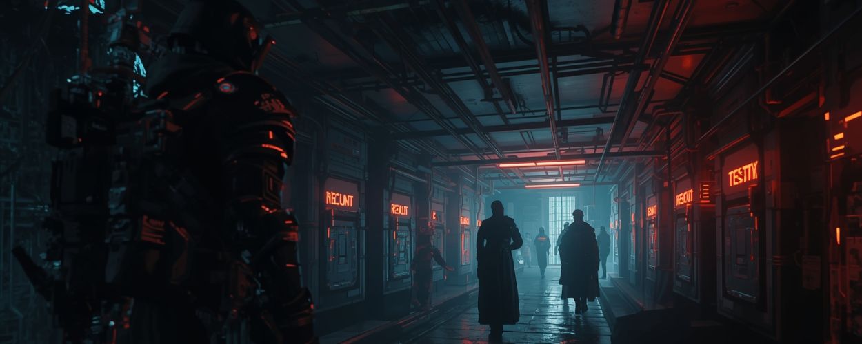 Bewaffnete Gestalten durchqueren einen dunklen, neonbeleuchteten Korridor voller Terminals – Sinnbild für das Cyberdark RPG zwischen Dungeon und Datenhölle.