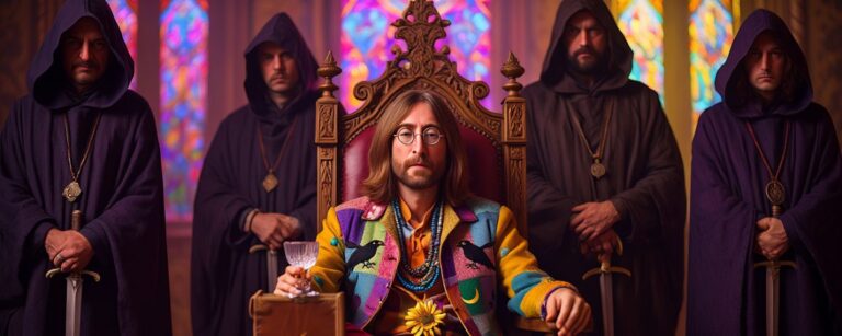 Ein langhaariger Mann mit runder Brille und bunter Hippie-Jacke sitzt barfuß auf einem prunkvollen Thron, einen Kelch und ein Buch in der Hand, umgeben von finsteren Gestalten in dunklen Kutten mit gezogenen Dolchen vor bunten Kirchenfenstern.