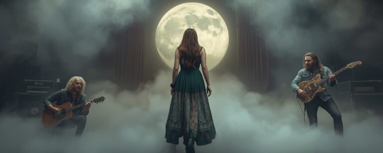 Auf einer theaterhaften Bühne mit dichtem Bühnennebel steht eine Frau im grünen Kleid vor einer riesigen Mondprojektion, links und rechts von ihr knien beziehungsweise stehen zwei Gitarristen, Scheinwerfer strahlen durch den Nebel.