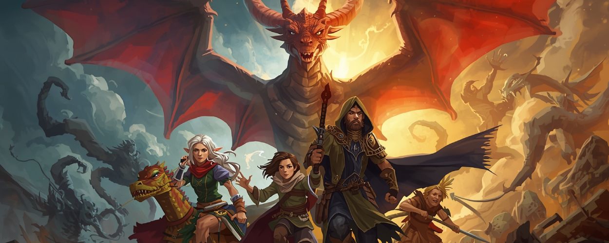 Epische Fantasy-Illustration mit einer bunt gemischten Heldengruppe im Vordergrund und einem riesigen roten Drachen mit ausgebreiteten Schwingen im Hintergrund, links stürmische Schattenwolken, rechts feurige Lichtstimmung – Symbolbild für Daggerheart: Hope & Fear.