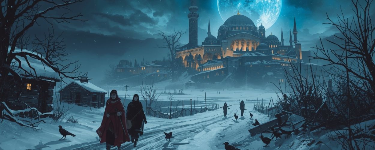 Reisende in roten und dunklen Mänteln gehen eine verschneite Straße entlang, im Hintergrund ragt ein hell erleuchtetes Konstantinopel vor einem riesigen blauen Mond im eisigen Nachthimmel auf.