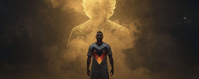 Ein Fußballspieler im neuen weißen Deutschland-Trikot mit glühendem V-Muster steht im Stadion, hinter ihm schwebt eine goldene, lockige Silhouette aus Licht und Nebel – der Geist vergangener Weltmeister.